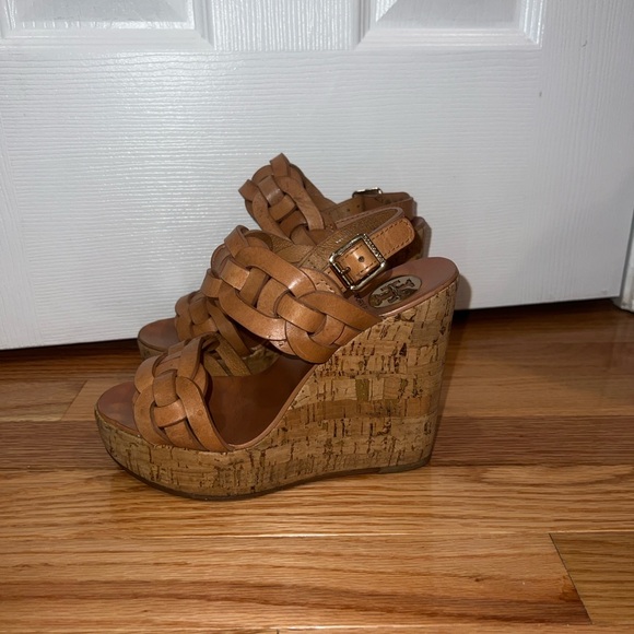 TORY BURCH Tan braid Wedge heels sz 6 leatherr - Picture 3 of 6